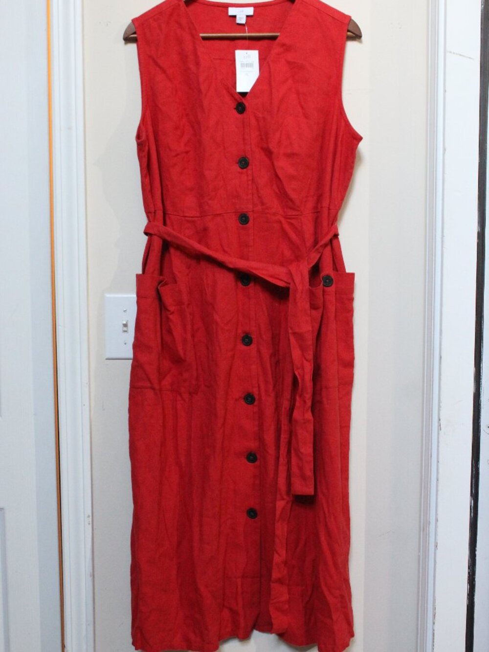 J. Jill Red Linen Blend Sleeveless Button V-neck Belted Pocket Midi Dress XL NWT